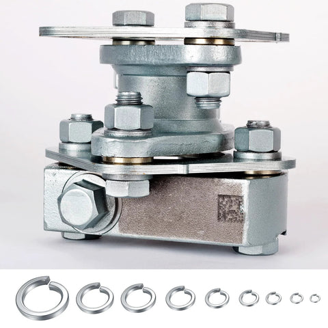 Stainless steel split lock washer set in assorted sizes, displayed with a metal mounting fixture