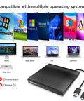 Portable External CD DVD Drive For Laptop With USB 3 0 Type C Black Slim Optical Drive Burns CDs DVDs Plays Rips And Backups Fast Plug And Play For Laptop Mac PC With Easy Data Transfer And Media Playback, compatible with Windows and Mac