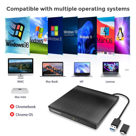 Portable External CD DVD Drive For Laptop With USB 3 0 Type C Black Slim Optical Drive Burns CDs DVDs Plays Rips And Backups Fast Plug And Play For Laptop Mac PC With Easy Data Transfer And Media Playback, compatible with Windows and Mac