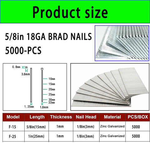 Pro Grade Galvanized Brad Nails Five Thousand Pack For 18 Gauge Pneumatic And Electric Nailer Guns on product size chart.