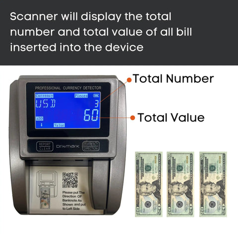 Effortlessly Verify Legit Greenbacks On The Go With This Hella Fast Portable Counterfeit Detector Machine showing total count on display.