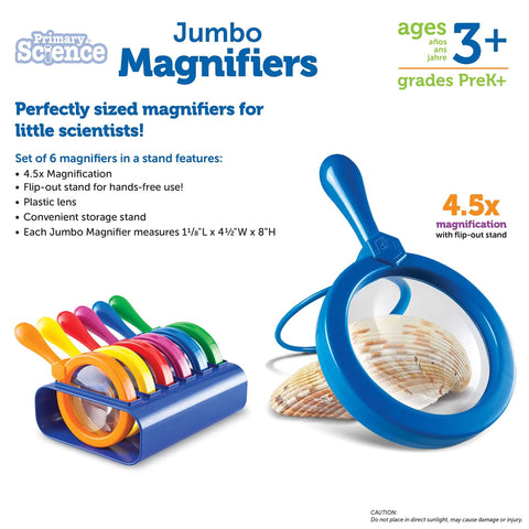 Six Jumbo Science Magnifiers With Stand For Kids Ages 3 Plus, colorful set on blue stand with seashells under blue magnifier
