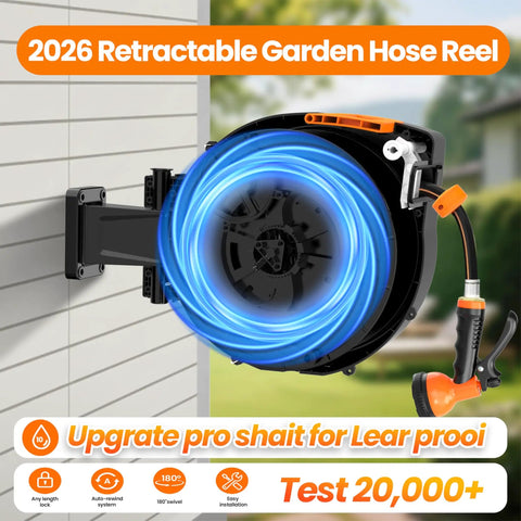 Retractable Garden Hose Reel With Wall Mount Heavy Duty 50 Ft Hose with 10 Function Sprayer Nozzle attached to wall