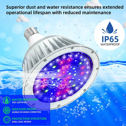 Color Changing LED Pool Light Bulb For Inground Pools 120V 40W Waterproof Submersible Replacement For 500W Pentair And Hayward Fixtures With IP68 Submersion Rating glowing underwater with vibrant colors and water resistance icons.