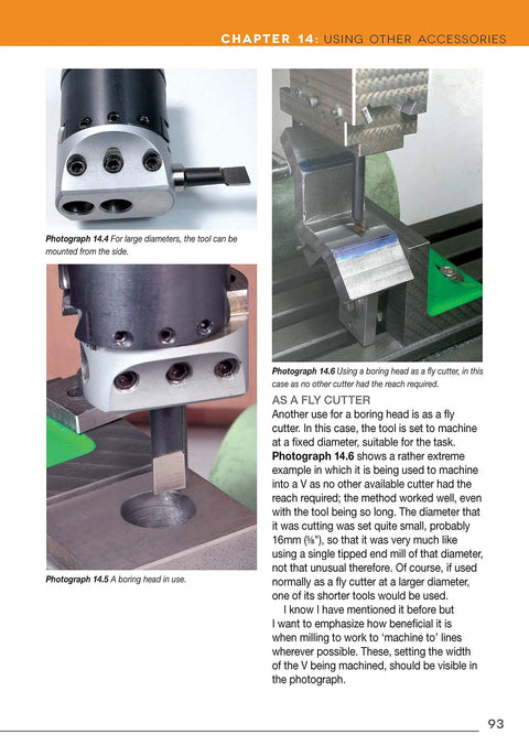Book page from The Milling Machine for Home Machinists showing three views of boring-head tooling and milling setup.