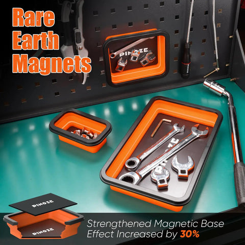 Collapsible Magnetic Parts Organizer Trays with 12 Inch Flexible Magnetic Pickup Tool holding wrenches and bolts