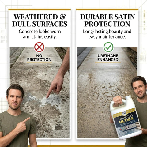 Straight Up Pro Grade Sealant For Concrete And Natural Stone With Slick Satin Sheen Deep Penetrating Urethane Formula Weather Resistant Finish 4 Liter Bucket demonstrated on weathered vs protected concrete surfaces.