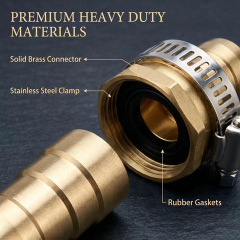 Heavy Duty Garden Hose Repair Connector Kit With Clamps Fits 3/4 Or 5/8 Inch Quick Fix Aluminum And Stainless Steel Leak Proof Durable Fix For Your Backyard Irrigation Needs Today, brass connector with stainless steel clamp and rubber gasket