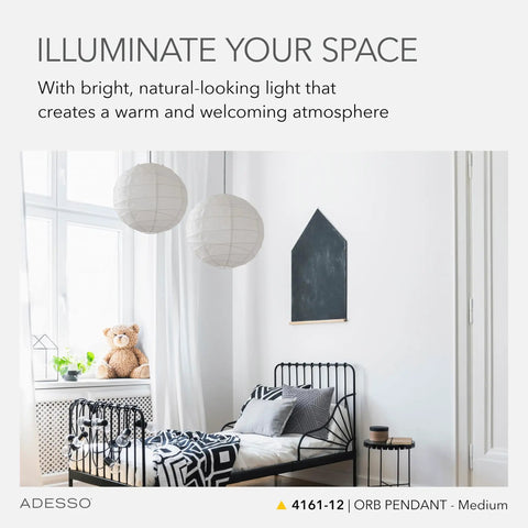 Cool Orb Pendant Light With Collapsible Rice Paper Shade 19 Inch Diameter And 15 Foot Cord in a modern bedroom setting.