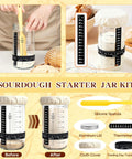 No Brainer All In One Sourdough Starter Kit For Beginners with jar, thermometer, lid, cloth cover, and spatula in use.