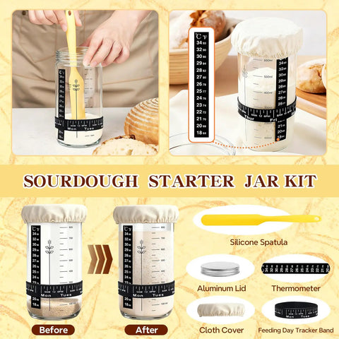 No Brainer All In One Sourdough Starter Kit For Beginners with jar, thermometer, lid, cloth cover, and spatula in use.