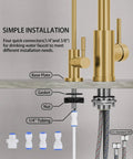 Slick Brushed Gold Kitchen Faucet With Pull Down Sprayer And Reverse Osmosis Drinking Water Tap Stainless Steel Single Handle Sink Mixer installation diagram with connectors.