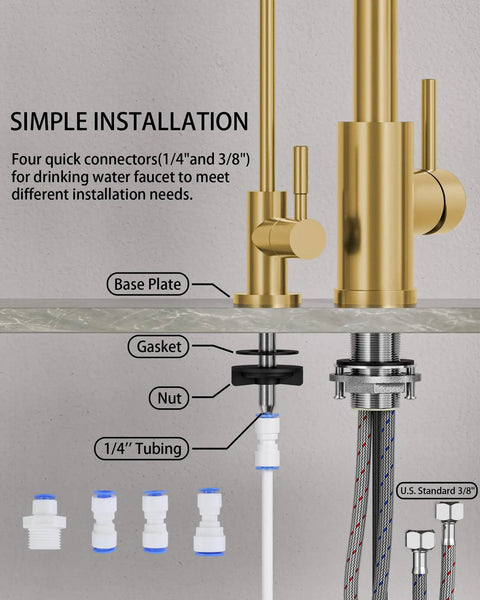 Slick Brushed Gold Kitchen Faucet With Pull Down Sprayer And Reverse Osmosis Drinking Water Tap Stainless Steel Single Handle Sink Mixer installation diagram with connectors.