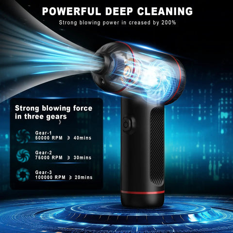 Rechargeable Cordless Air Duster With LED Light 100000 RPM 3 Gear Adjustable Airflow Powerful Desktop Computer Keyboard And Electronics Cleaning Blower Replaces Disposable Compressed Air Cans showing airflow illustration and power levels.