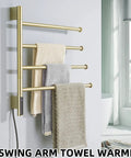 Swivel 4 Arm Towel Warmer Rack With Built In LED Timer Indicator Wall Mounted Plug In Electric Towel Heater Matte Black And Brushed Gold Finish for fast drying.