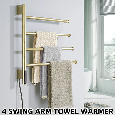 Swivel 4 Arm Towel Warmer Rack With Built In LED Timer Indicator Wall Mounted Plug In Electric Towel Heater Matte Black And Brushed Gold Finish for fast drying.