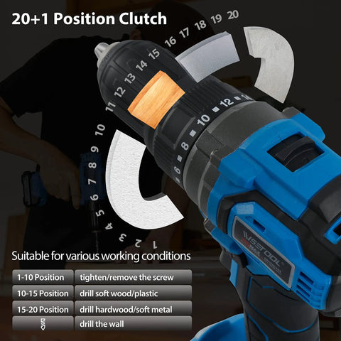 Cordless Drill Set With Brushless Motor 20V Max Drill Driver Kit Includes Charger 1/2 Inch Chuck 620 Inch Pounds Torque Dual Speed Built In LED Light For Quick and Smooth Drilling, featuring 20+1 position clutch for various tasks.