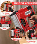 Cordless Brad Nailer And 2 In 1 Electric Staple Gun For Quick Trim Work And Finish Carpentry Battery Powered 18 Gauge Combo Tool in use for roof and cabinet projects.
