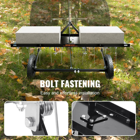Tow Behind Dethatcher 40 Inch with 20 Spring Steel Tines for ATV or Mower, shown with weights, bolts fastening detail, on grass.