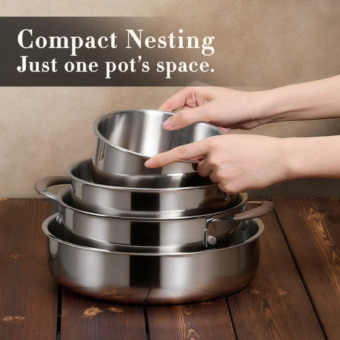 Hands arranging stackable Detachable Handle Stainless Steel Cookware Set for Induction with 19 Piece Tri Ply Full Clad Pots
