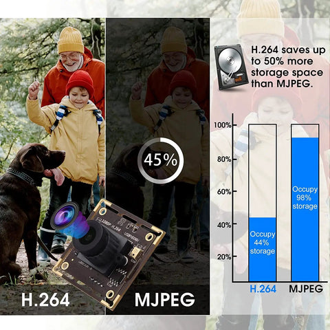 Comparison of image quality and storage between H.264 and MJPEG formats, highlighting Low Light USB Camera With Built In Microphone.