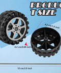 64 Piece Toy Wheels And Axles Set For DIY Model Car Building Projects showing plastic wheels and metal axles size details