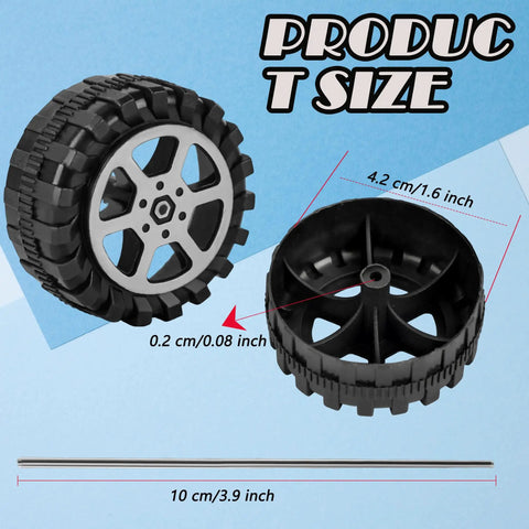64 Piece Toy Wheels And Axles Set For DIY Model Car Building Projects showing plastic wheels and metal axles size details