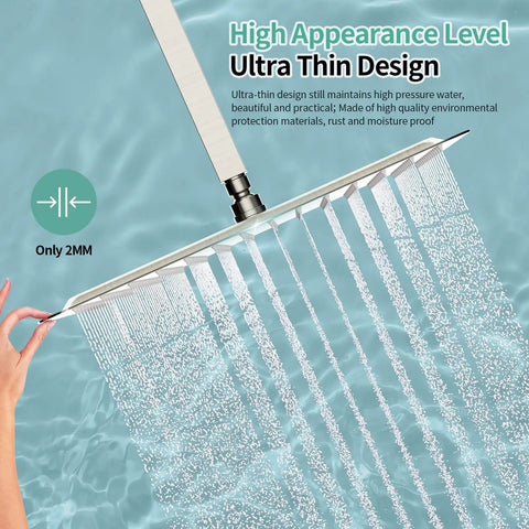 Side view of Mega Sized 16 Inch Brushed Nickel Rain Shower Head With 304 Stainless Steel Construction High Pressure Rainfall Ultra Thin Design