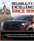 Low Profile Rubber Antenna For GMC Sierra 1500 2006-2026 displayed on a red truck front design next to brand logo.