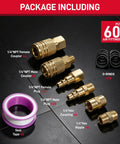 60 Piece 1/4 Inch NPT Air Hose Fittings Quick Connect Coupler And Plug Kit For Air Compressor showcasing brass fittings and seal tape.
