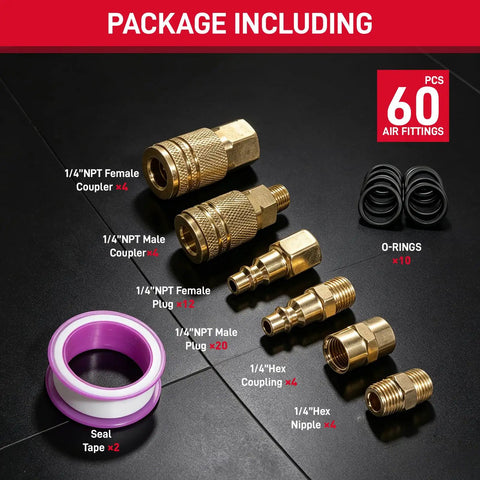 60 Piece 1/4 Inch NPT Air Hose Fittings Quick Connect Coupler And Plug Kit For Air Compressor showcasing brass fittings and seal tape.