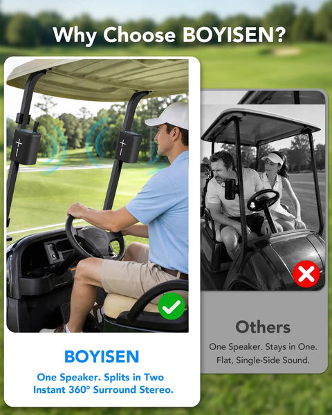 Badass Two In One Split Magnetic Bluetooth Speaker, mounted in golf cart, providing 360° stereo sound during rides.