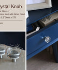 6 Pack Glass Crystal Knobs With Brushed Nickel Finish For Drawer Cabinets highlighted on blue drawer installation.