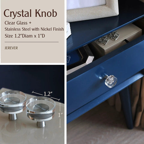 6 Pack Glass Crystal Knobs With Brushed Nickel Finish For Drawer Cabinets highlighted on blue drawer installation.