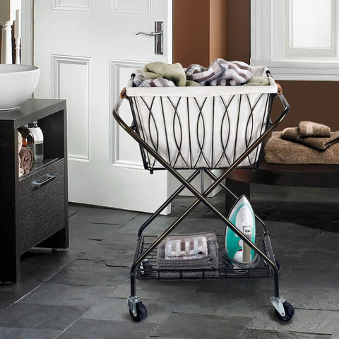 Verona Collapsible Laundry Cart With Removable Canvas Basket Large Black Heavy Duty Steel Construction in home bathroom setting