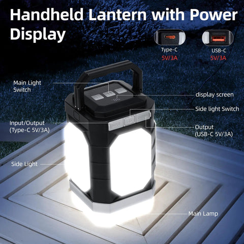 Rechargeable Camping Lantern With Five Sided Lighting, 1000 Lumens, 350 Hour Runtime, 30000mAh Power Bank displaying USB ports