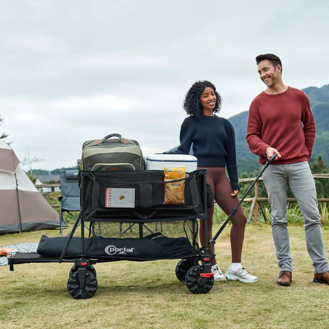 Heavy Duty Collapsible Double Decker Wagon With Brakes 660 Pound Capacity 400 Liter All Terrain Wagon in outdoor setting