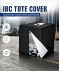 Heavy Duty Oxford IBC Tote Tank Cover For Standard 330 Gallon Totes Keeps Dust Dirt Scratches Off And Keeps Leaves Debris Out Food Grade Safe And Easy Fit For Secure Storage At Home Or In The Warehouse. Black IBC tote cover in warehouse, dustproof and weather resistant.