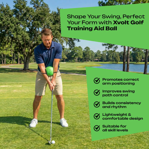 Man using Golf Training Aid Ball Between Arms For Posture Fix And Alignment, Swing Trainer for mechanics and arm connection.