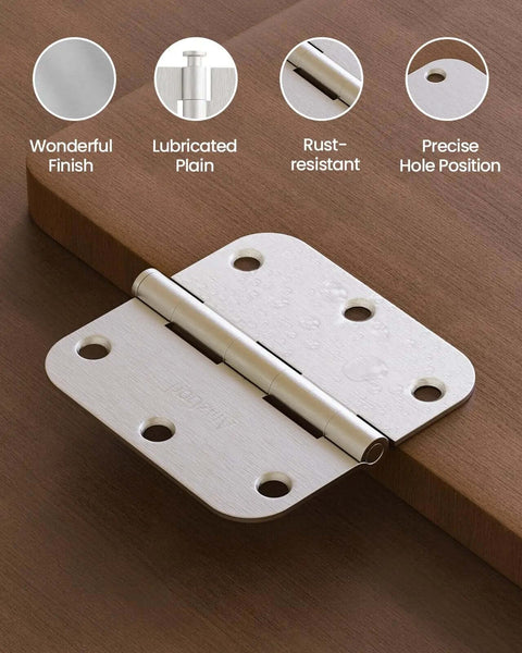 12 Pack Brushed Nickel Door Hinges 3.5 Inch Rounded With 5/8 Radius for Interior and Exterior Doors shown installed on wood door