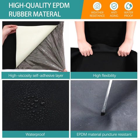 Hella Durable 40X20 Foot EPDM Rubber Roofing Membrane Roll With Self Adhesive Reinforced Waterproofing Sheet For Roofs And Patios Includes Seam Roller For No Stress Install showing layers and features.