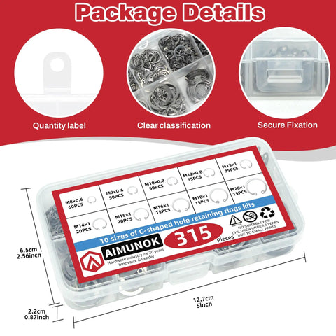Internal Snap Ring Kit 315 Pieces 7 Size M8 To M20 E Clip Assortment for grooved shafts and studs, 304 stainless steel.