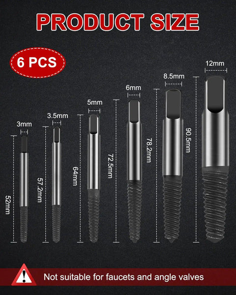 Upgraded 6 Piece Screw Extractor Set For Stripped Broken Stuck Screws Easy Out Damaged Bolt Remover Kit size chart display