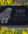 Granite Bird Portrait Memorial Stone Custom Engraved Marker For Parrots Canaries Finches Lovebirds, features engraved parrot, floral display.