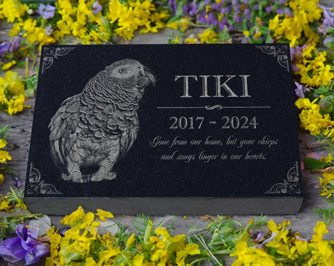 Granite Bird Portrait Memorial Stone Custom Engraved Marker For Parrots Canaries Finches Lovebirds, features engraved parrot, floral display.