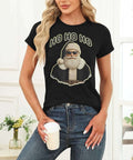 Woman wearing Women Santa Graphic Tee with Black Hat and Sunglasses, short sleeve crewneck, Xmas holiday top, cotton shirt.