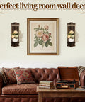 Handmade Paulownia Wood Candle Sconces Set Of Two Vintage Rustic Farmhouse Wall Decor on living room wall.