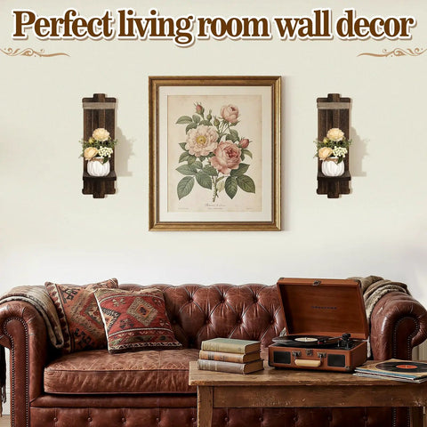 Handmade Paulownia Wood Candle Sconces Set Of Two Vintage Rustic Farmhouse Wall Decor on living room wall.