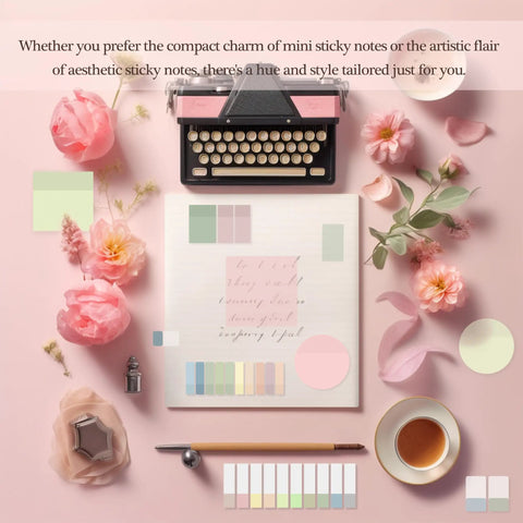 Decorative desk arrangement with typewriter, flowers, stationery items, and pastel sticky notes for creative note-taking.