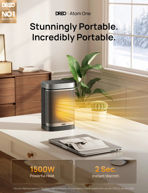 Space Heater 1500W Portable Electric Heater For Indoor Use With Remote PTC Ceramic Thermostat Fast Heat shown on desk